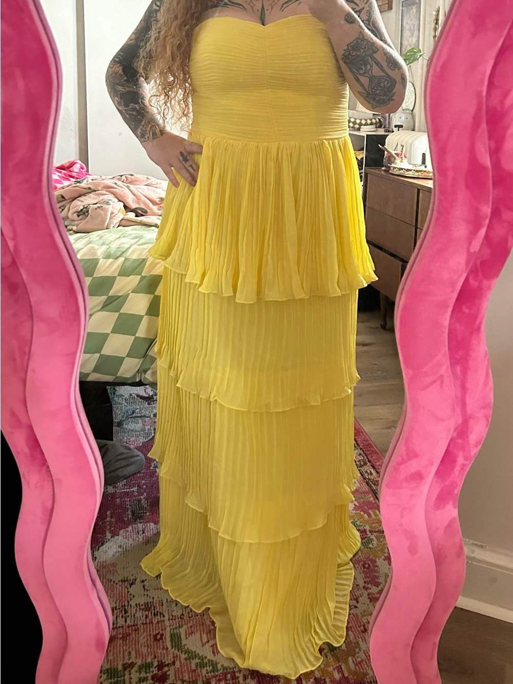 Yellow Strapless Tiered Pleated Maxi Dress